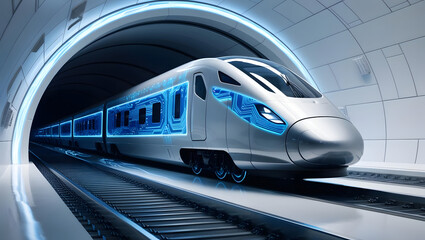 Fototapeta premium Speed and Innovation: A futuristic high-speed train speeds through a tunnel, representing modern transport and technological progress.
