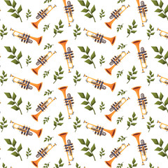 Musical seamless vector pattern with a golden trumpet and green leaves on a white background. Great for background and packaging design  
