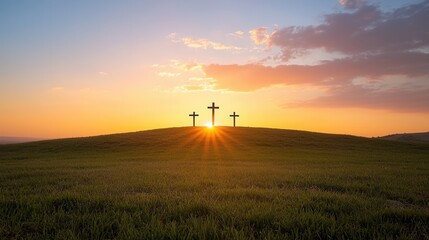 Obraz premium Inspiring Christian Crosses Silhouetted Against Peaceful Sunset Landscape Serene Spiritual Scene with Glowing Sky and Rolling Hills