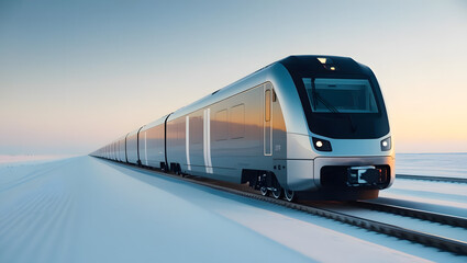 Fototapeta premium Modern Train on Tracks: A sleek, contemporary train gracefully speeds along railway tracks, cutting through a winter landscape under a serene, pastel-colored sky.