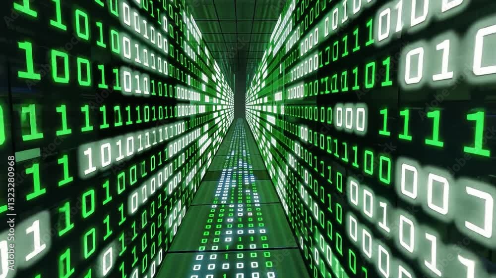 Poster futuristic digital tunnel with glowing green binary code an immersive perspective on technology, dep