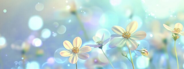 Floating spring flowers in soft pastel tones with dreamy bokeh background. Generative AI