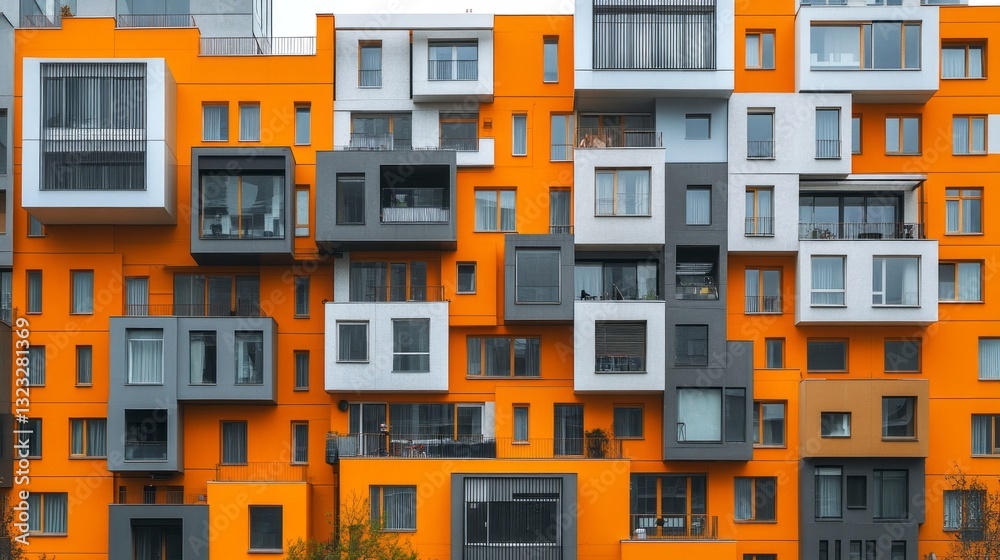 Poster Unique buildings display an array of colorful box-like structures that create an engaging visual contrast against the sky. This lively architectural marvel captures attention in a bustling city area