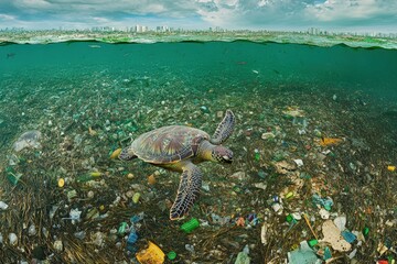 Obraz premium Sea turtle swimming amidst marine debris in ocean conservation scene
