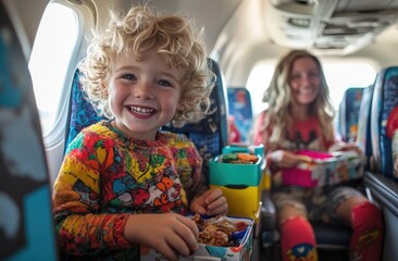 Two children sitting in an airplane, one blonde boy with curly hair wearing colorful and the other girl also smiling while playing on their seats during flight time