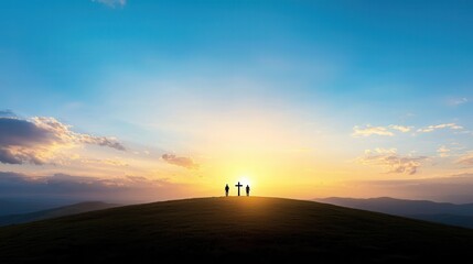 Fototapeta premium Two figures standing silhouetted against a breathtaking sunset on a tranquil hilltop offering a moment of a sense of possibility on the horizon