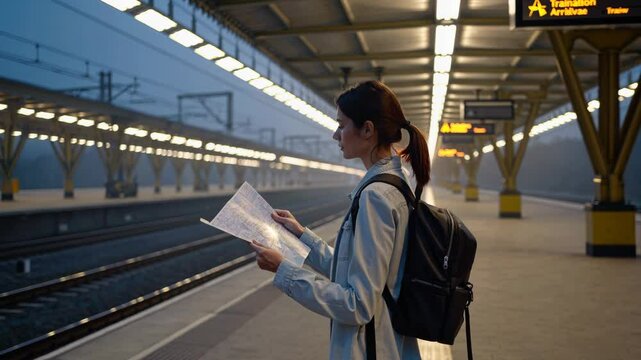 Young woman reading map at deserted train station
