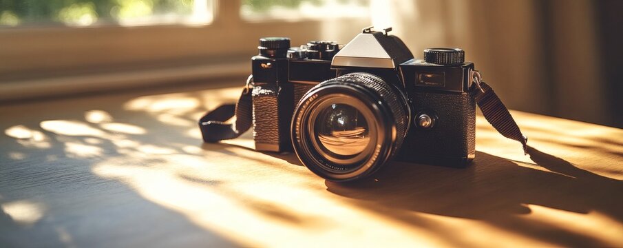 A classic style film camera rests on a wooden surface in sunlight - Powered by Adobe