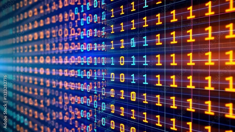 Poster futuristic digital display of binary code glowing numbers and vibrant colors representing data, tech