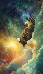 Beautiful oracle cards for production design. Majestic eagle soaring through colorful cosmos.