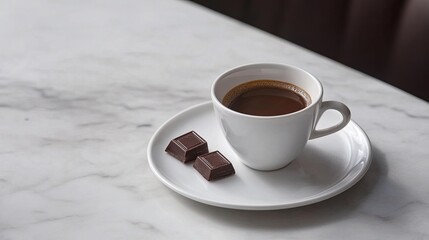 A cup of espresso served with a small piece of dark chocolate on a saucer digital