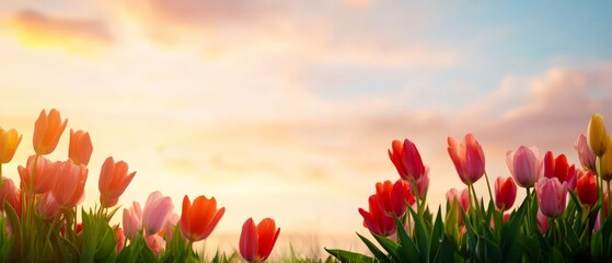 Vibrant sunset over a tulip field with golden hour lighting casting a warm glow over colorful spring flowers in a picturesque natural setting