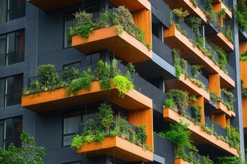Fototapeta premium Modern apartment building with green balconies. Illustrates sustainable urban design & eco-friendly living.