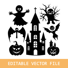 Halloween symbols, bat, pumpkin, tree, hand drawn illustrations