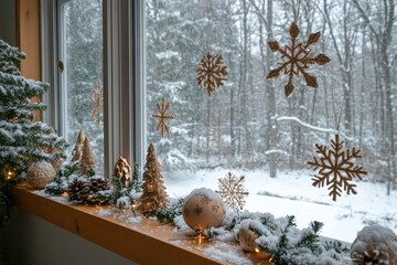 Christmas window decorations to spread holiday cheer. Christmas home decorations hanging and on window and standing on windowsill inside house. Snowy forest outside the