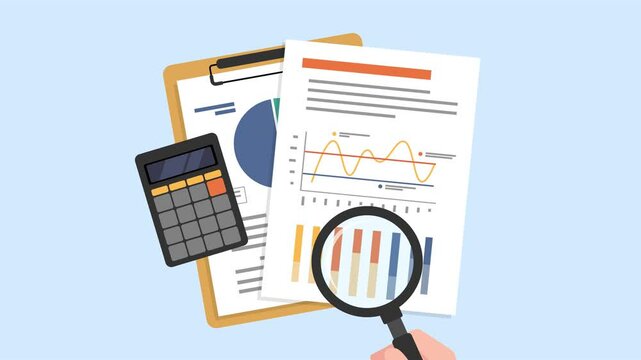 Animation 2D of hand holding magnifying glass and looking information on paper.