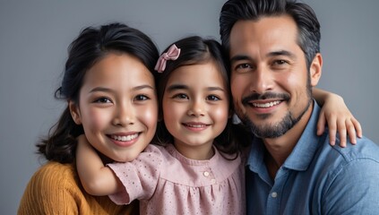 Fototapeta premium A joyful family portrait featuring an Asian father with two daughters, radiating warmth and happiness against a neutral background.