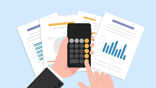 Animation hand holding smartphone for calculating data on a paper document.