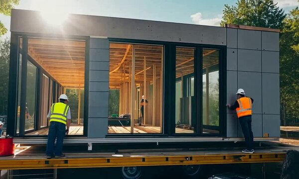 Construction workers assembling a modern prefabricated home in a natural outdoor setting