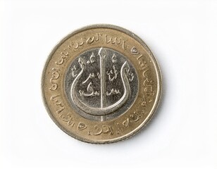 Close-up of a one dinar coin, showcasing intricate Arabic script and a metallic design.  A detailed image of currency.