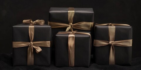 Arranged present gifts boxes wrapped in black paper with gold ribbon on black background