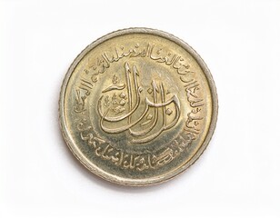 Close-up of a gold-colored coin featuring intricate Arabic calligraphy. The coin's details are sharply in focus against a plain white backdrop.