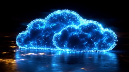Obraz premium Dynamic data transfer cloud computing concept featuring a prominent central cloud icon with intricate internal connections on an abstract dark blue world map polygon