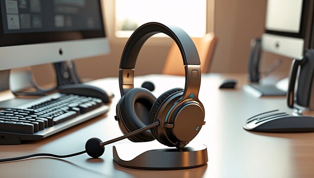 Black over-ear headset resting on a desk next to a computer, symbolizing modern communication technology.