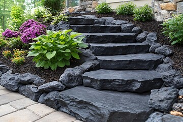 A landscaped garden features stone steps surrounded by plants and flowers