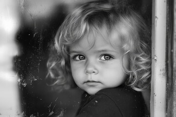 Sad child sitting on window shield