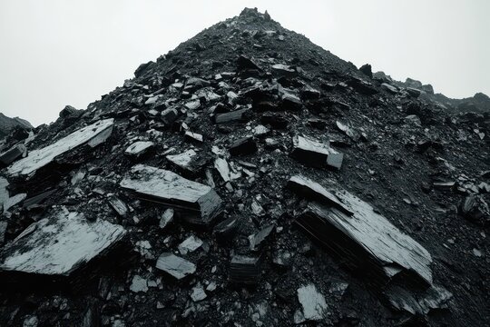 Massive pile of dark, rough-hewn coal rocks. Ideal for illustrating environmental, industrial, or energy themes.