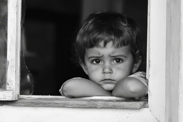 Sad child sitting on window shield