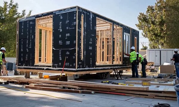 Construction workers assembling a modular home with wooden framing in a sunny outdoor setting