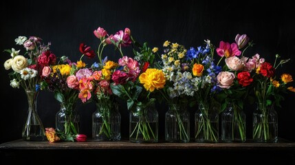 Fototapeta premium A vibrant collection of colorful flowers displayed in glass vases