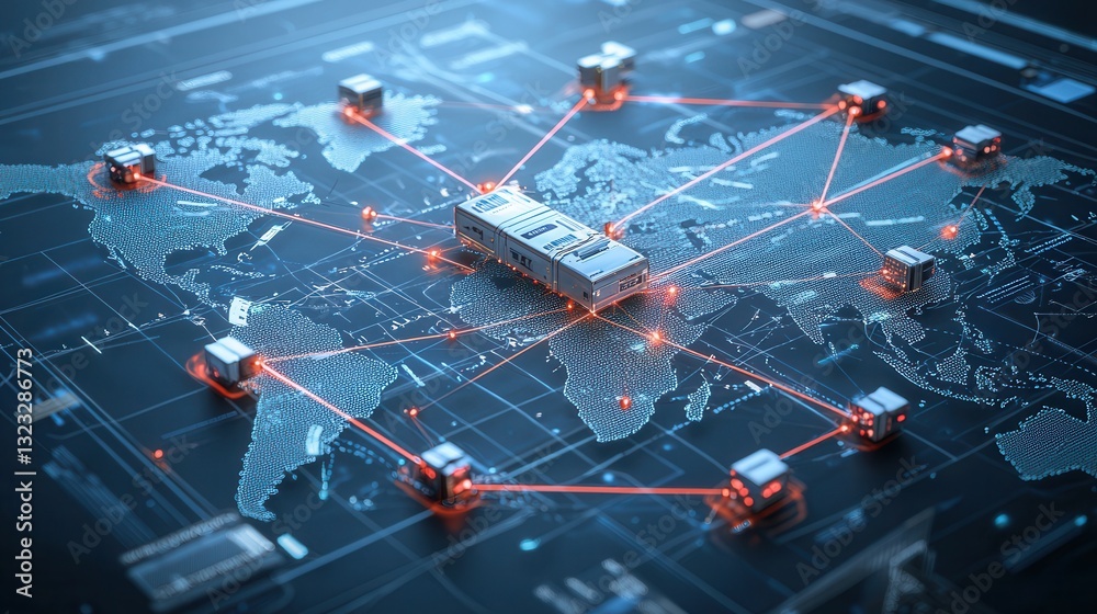 Poster aerial view of a digital world map showcasing a global interconnected network with marked locations 