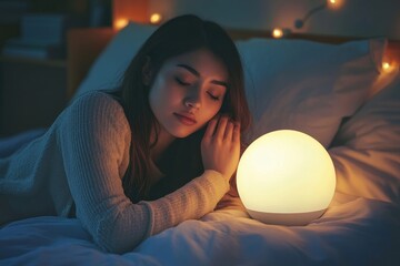 Woman suffering from insomnia, can't sleep at night, awakening from stress mental health problem and sitting in bed, focus on modern alarm clock lamp