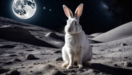 White rabbit sitting on the moon with stars