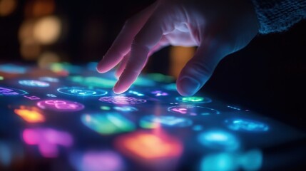 Fototapeta premium Businessman's hand interacts with a futuristic interface, touching holographic icons that glow with vibrant colors, symbolizing innovation, technology, and business in a digital age