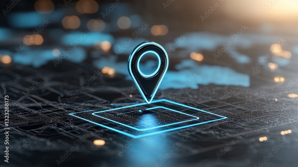 Poster close up view of a glowing map pin icon highlighting a specific location or position on a digital ma