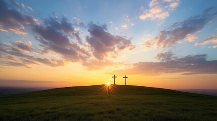 Majestic Crosses Outlined by a Fiery Sunset Warm Ambiance  Three crosses silhouetted against a vibrant sky at dusk creating a serene and spiritual scene