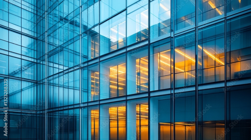 Poster a striking urban glass building stands tall at twilight, with an interplay of warm light glowing fro