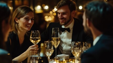 Smiling Friends Enjoying Dinner Party at Night with Warm Candlelight