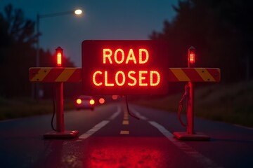 A neon "Road Closed" sign glowing against a roadblock with flashing hazard lights.