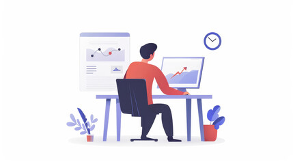 Professional Man Analyzing Data Trends on Computer in Modern Office Setting