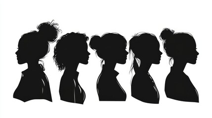 Five women stand together. Silhouettes of Strong and brave girls look forward. Sisterhood and females friendship.  illustration for International Women's