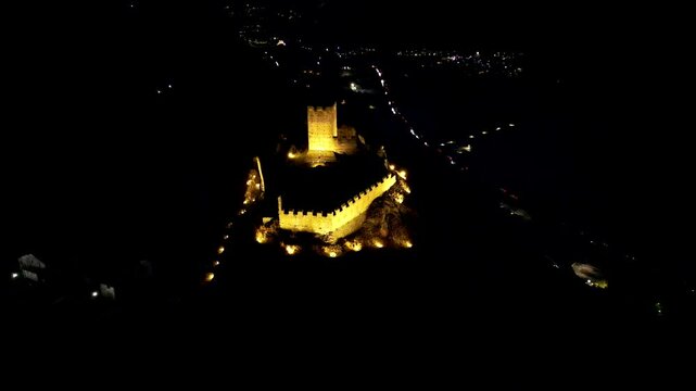 Aerial night view of Cly Castle Aosta valley Italy