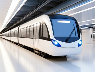 Fototapeta premium High speed modern metro train with sleek aerodynamic design at an underground station representing futuristic transportation efficiency and sustainable urban mobility