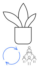 Minimalist plant in a pot, blue circular arrows, team structure diagram. Ideal for growth, sustainability, teamwork, recycling, leadership, organization ecology flat simple metaphor