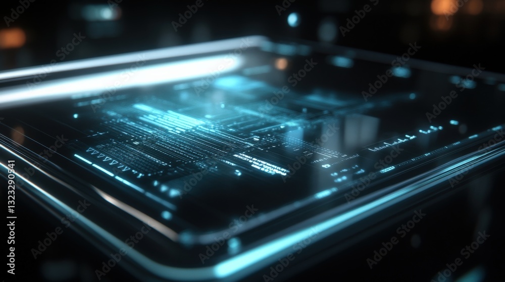 Poster futuristic glass display showing complex data analysis and processing with glowing blue lines and sy
