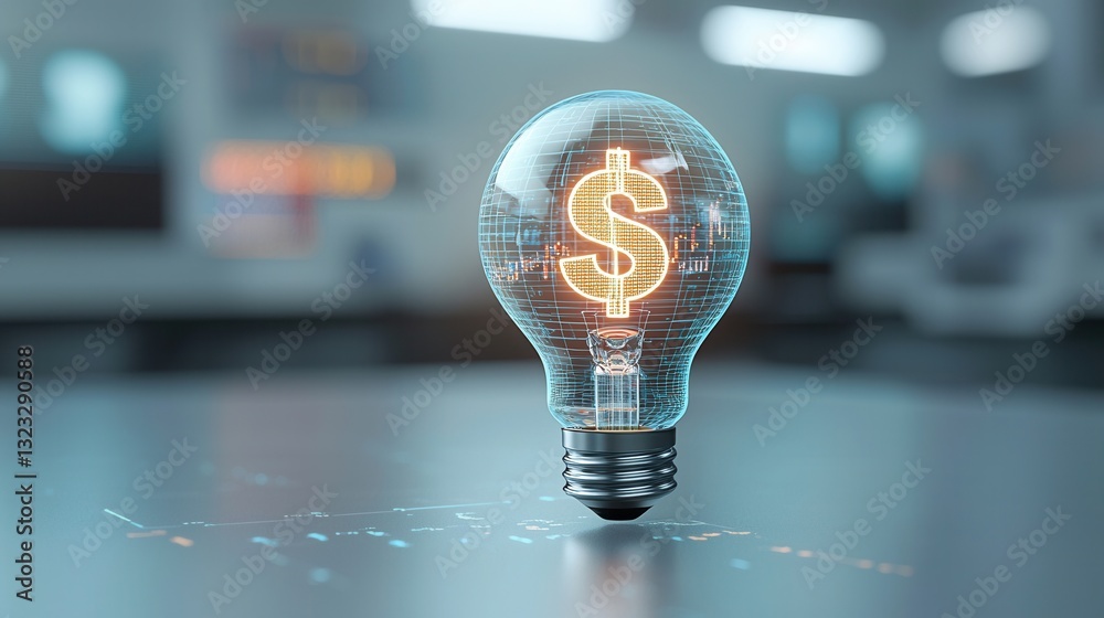 Poster a futuristic and visually striking 3d rendering of a glowing lightbulb featuring a sleek and transpa